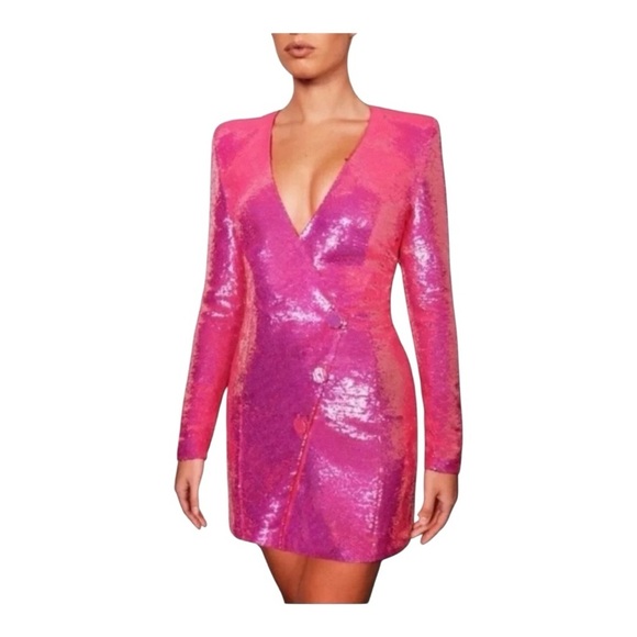 Nadine Merabi Bailey Deep Plunge Sequin Mini Blazer Dress Hot Pink NWT - Picture 7 of 12